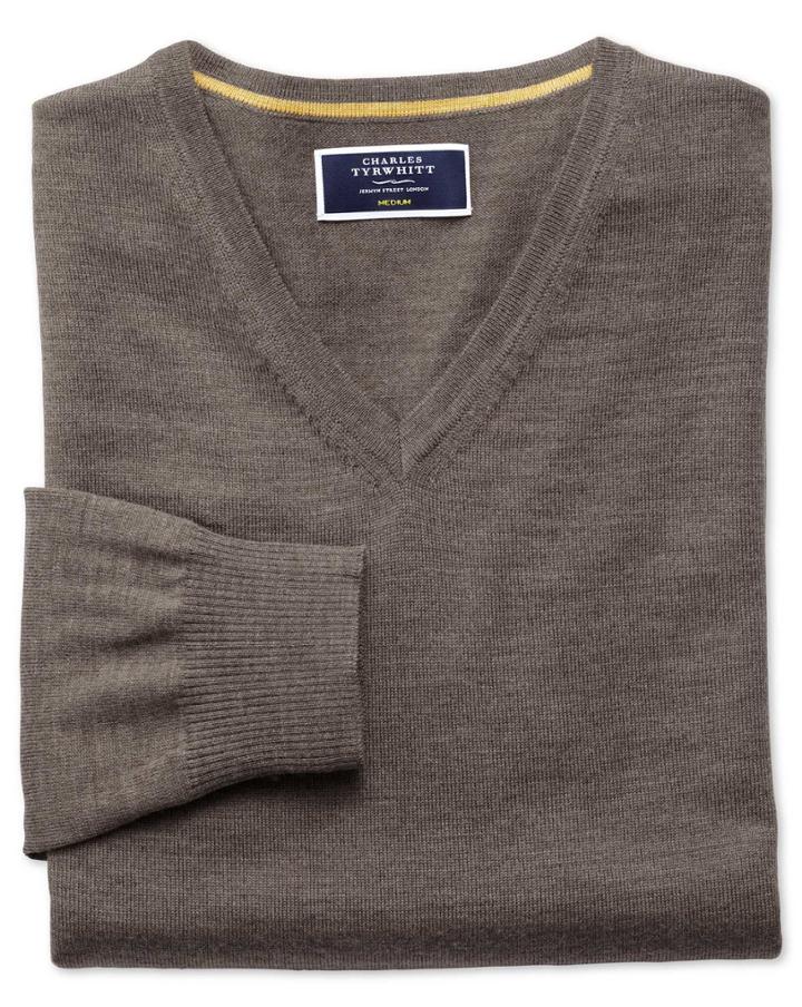 Charles Tyrwhitt Mocha Merino Wool V-neck Sweater Size Large By Charles Tyrwhitt