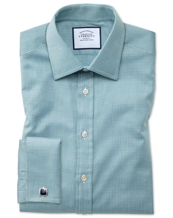  Slim Fit Teal Small Puppytooth Egyptian Cotton Dress Shirt Single Cuff Size 14.5/32 By Charles Tyrwhitt