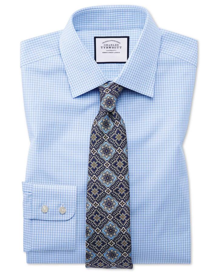 Classic Fit Light Sky Blue Small Gingham Cotton Dress Shirt French Cuff Size 15/33 By Charles Tyrwhitt