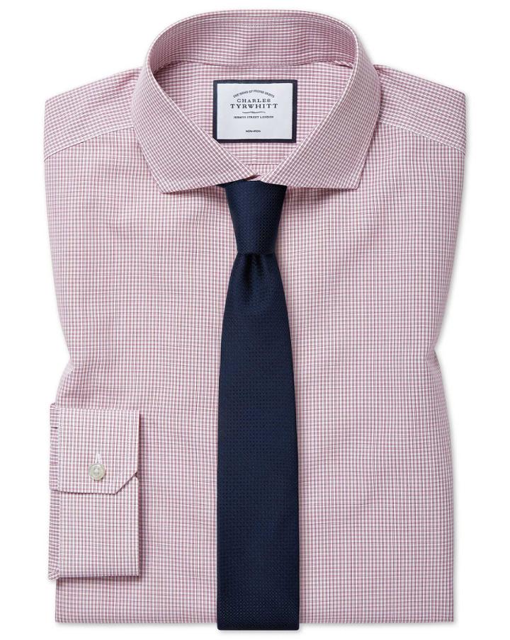  Super Slim Fit Cutaway Collar Non-iron Tyrwhitt Cool Poplin Berry Check Cotton Dress Shirt Single Cuff Size 14/33 By Charles Tyrwhitt