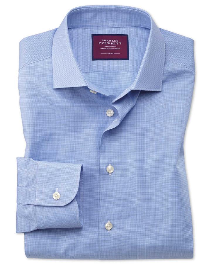  Slim Fit Blue Small Puppytooth Luxury Cotton Dress Shirt Single Cuff Size 14.5/33 By Charles Tyrwhitt