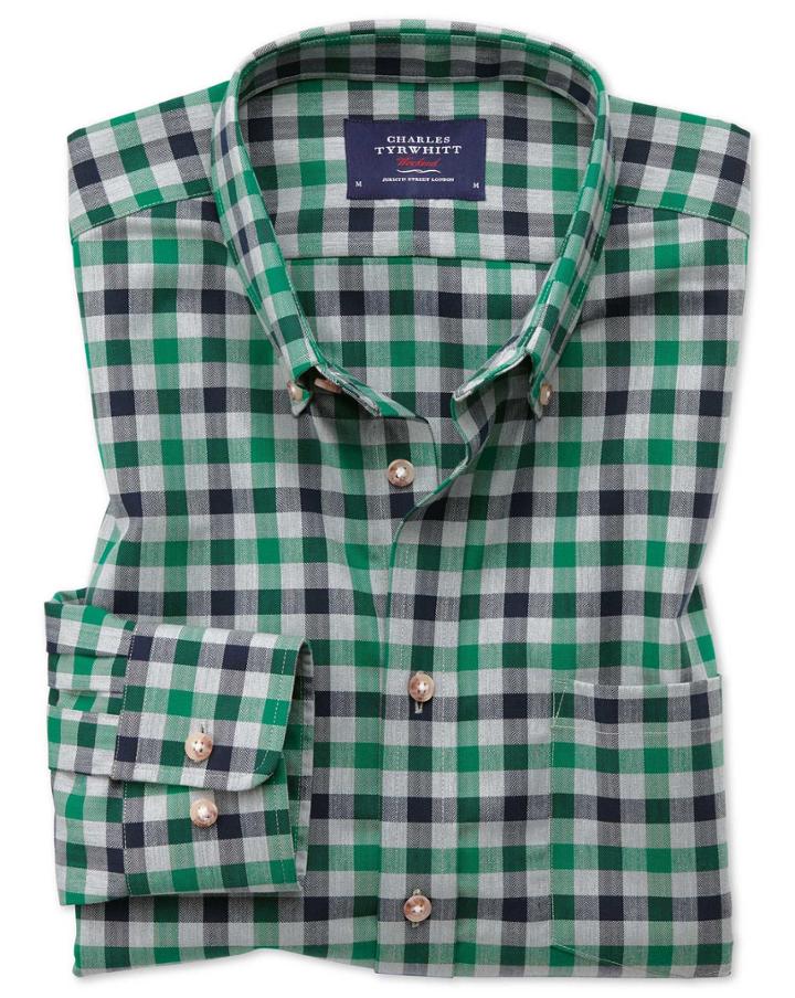 Charles Tyrwhitt Extra Slim Fit Button-down Non-iron Twill Green And Navy Blue Gingham Cotton Casual Shirt Single Cuff Size Large By Charles Tyrwhitt