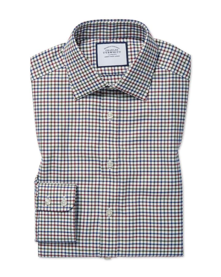  Classic Fit Country Check Navy And Berry Cotton Dress Shirt Single Cuff Size 15.5/33 By Charles Tyrwhitt