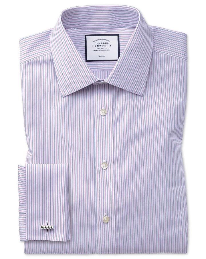  Slim Fit Non-iron Lilac And Blue Multi Stripe Cotton Dress Shirt Single Cuff Size 14.5/32 By Charles Tyrwhitt