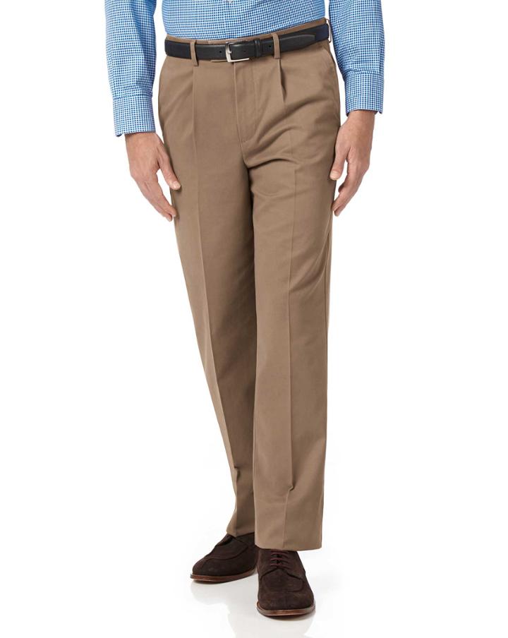  Tan Classic Fit Single Pleat Non-iron Cotton Chino Pants Size W32 L30 By Charles Tyrwhitt