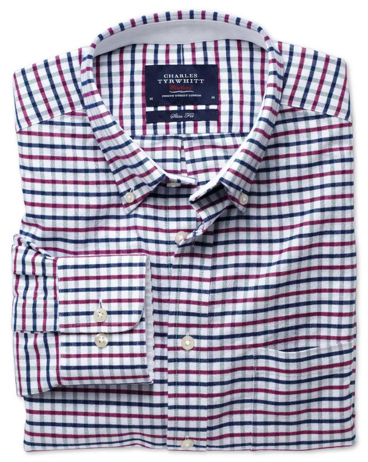 Charles Tyrwhitt Charles Tyrwhitt Slim Fit Navy And Berry Tattersall Washed Oxford Cotton Dress Shirt Size Medium