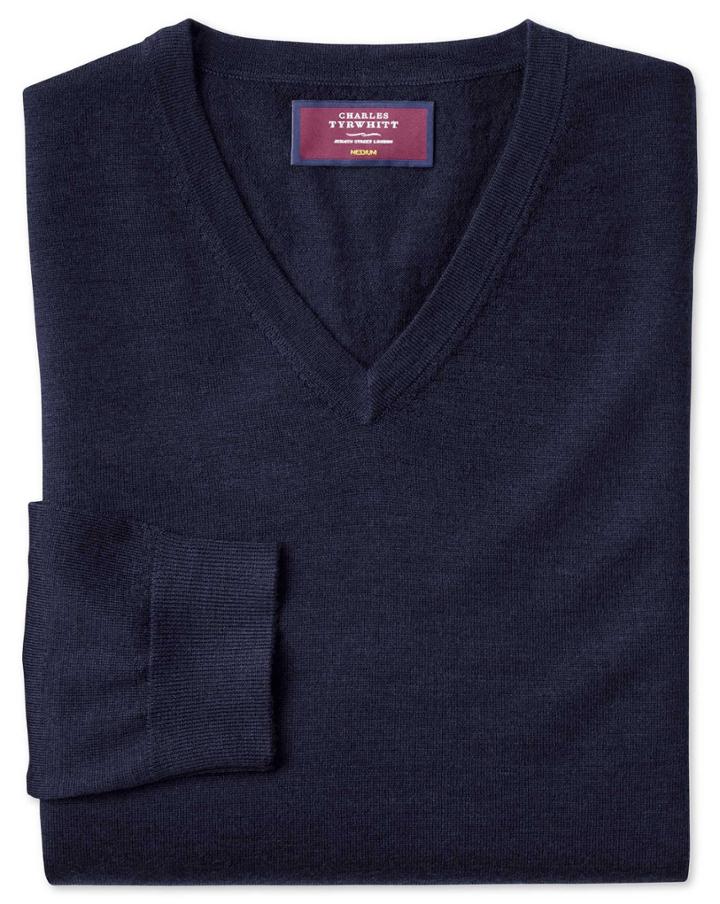  Navy Merino Silk V-neck Merino Silk Sweater Size Large By Charles Tyrwhitt