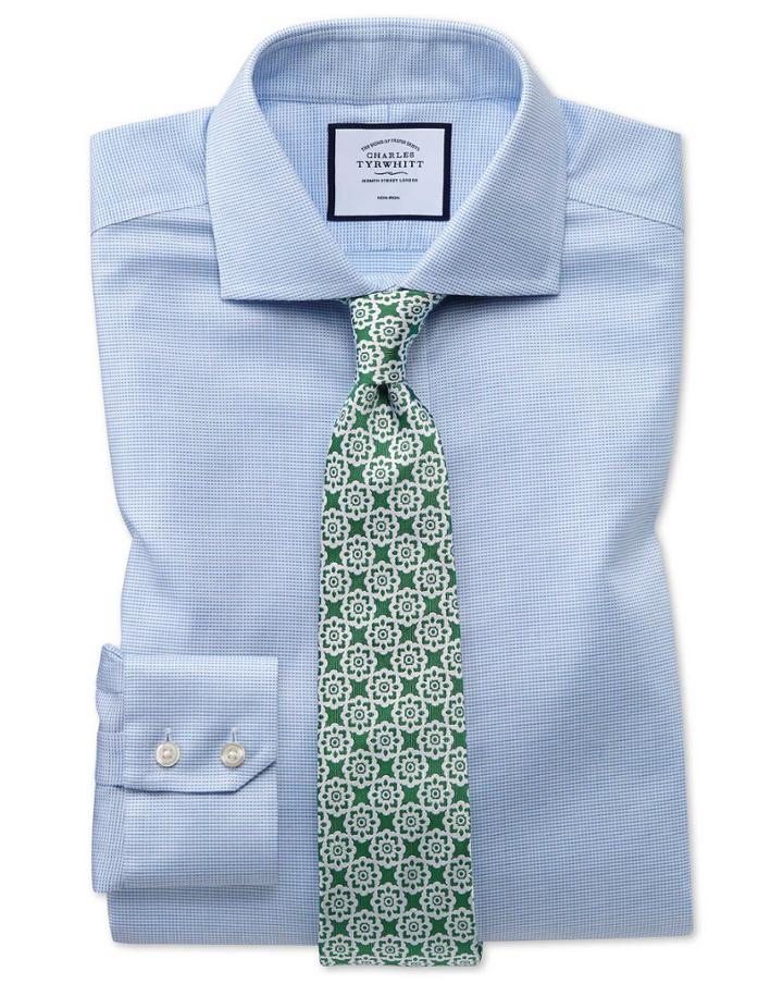 Slim Fit Non-iron Cotton Stretch Oxford Sky Blue Dress Shirt Single Cuff Size 14.5/33 By Charles Tyrwhitt