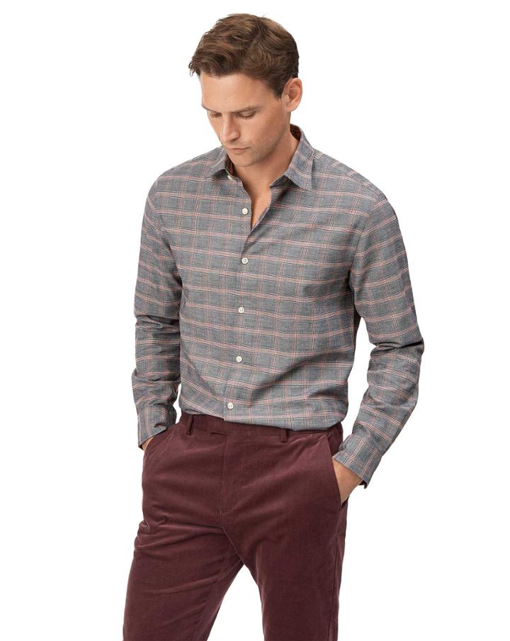  Extra Slim Fit Orange And Grey Prince Of Wales Check Cotton With Tencel&trade; Single Cuff Size Medium By Charles Tyrwhitt