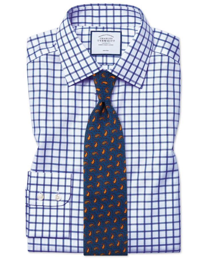  Slim Fit Non-iron Royal Blue Grid Check Twill Cotton Dress Shirt Single Cuff Size 15/32 By Charles Tyrwhitt
