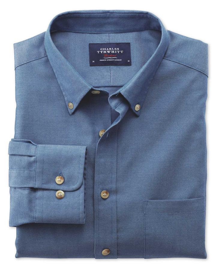  Classic Fit Non-iron Twill Blue Cotton Casual Shirt Single Cuff Size Medium By Charles Tyrwhitt