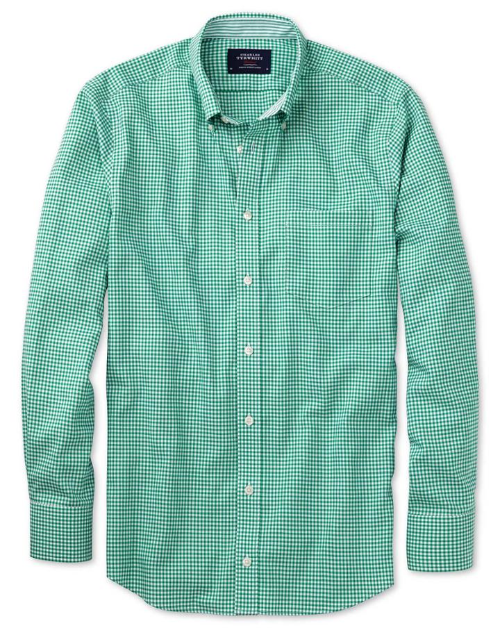 Charles Tyrwhitt Charles Tyrwhitt Extra Slim Fit Non-iron Oxford Gingham Mid Green Cotton Dress Shirt Size Large