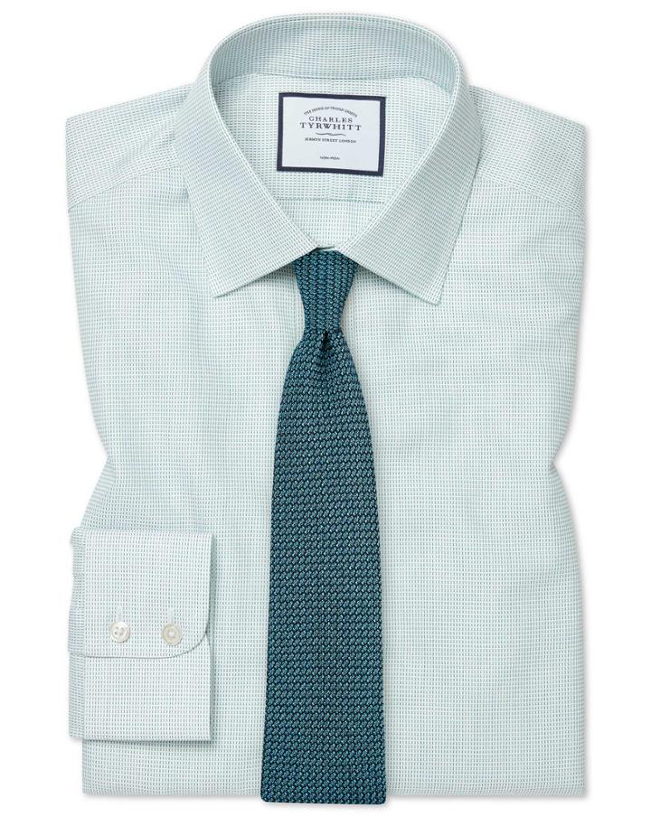  Classic Fit Non-iron Dash Weave Green Cotton Dress Shirt Single Cuff Size 15/33 By Charles Tyrwhitt