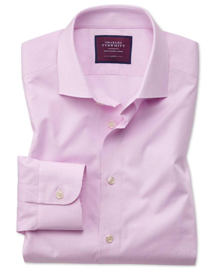  Slim Fit Pink Fine Stripe Luxury Cotton Dress Shirt Single Cuff Size 15/33 By Charles Tyrwhitt