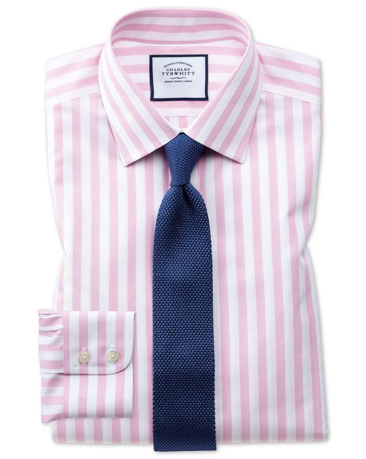  Classic Fit Non-iron Pink Wide Bengal Stripe Cotton Dress Shirt Single Cuff Size 15.5/33 By Charles Tyrwhitt