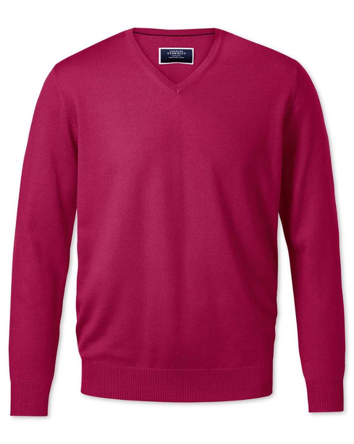  Dark Pink V-neck Merino Wool Sweater Size Medium By Charles Tyrwhitt
