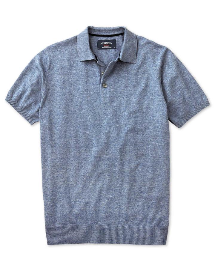 Charles Tyrwhitt Charles Tyrwhitt Sky Blue Heather Short Sleeve Cotton Polo Collar Sweater Size Large