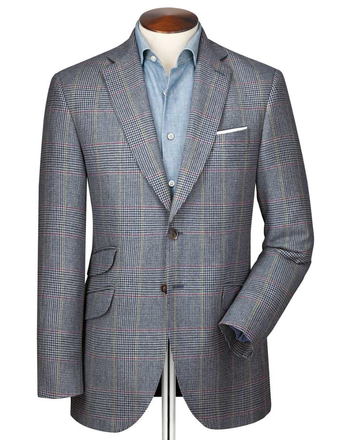 Charles Tyrwhitt Slim Fit Blue Prince Of Wales Checkered Luxury Border Tweed Wool Jacket Size 36 By Charles Tyrwhitt