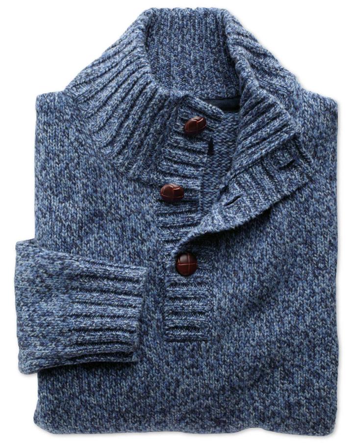 Charles Tyrwhitt Blue Mouline Button Neck Wool Sweater Size Medium By Charles Tyrwhitt
