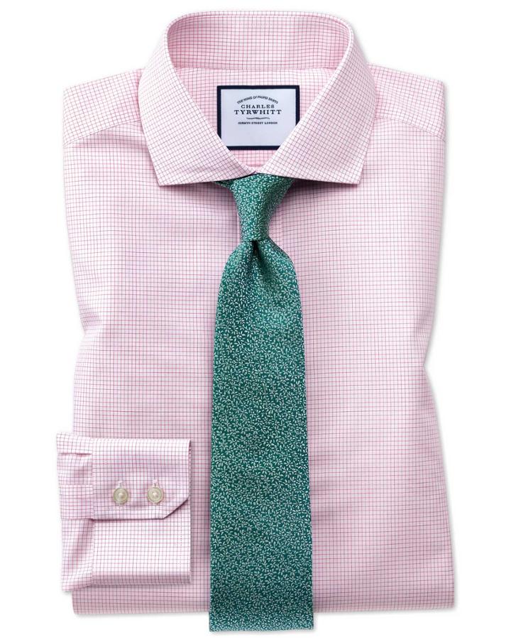  Extra Slim Fit Spread Collar Non-iron Natural Cool Micro Check Pink Cotton Dress Shirt Single Cuff Size 14.5/32 By Charles Tyrwhitt