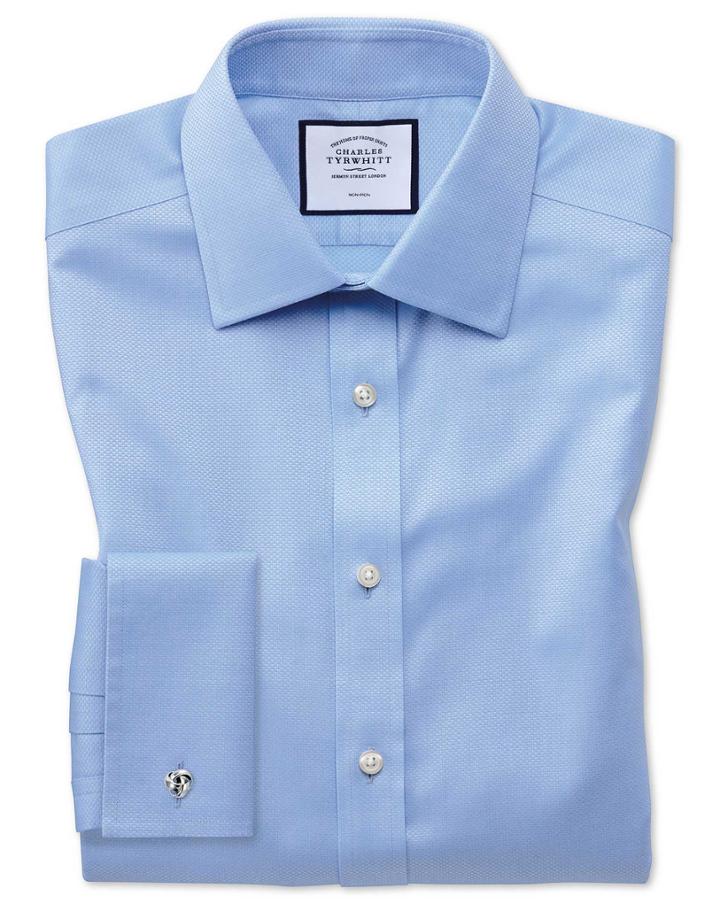  Slim Fit Non-iron Sky Blue Triangle Weave Cotton Dress Shirt Single Cuff Size 14.5/32 By Charles Tyrwhitt