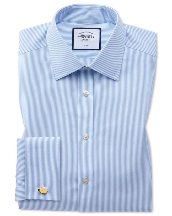  Classic Fit Non-iron Bengal Stripe Sky Blue Cotton Dress Shirt French Cuff Size 15.5/32 By Charles Tyrwhitt