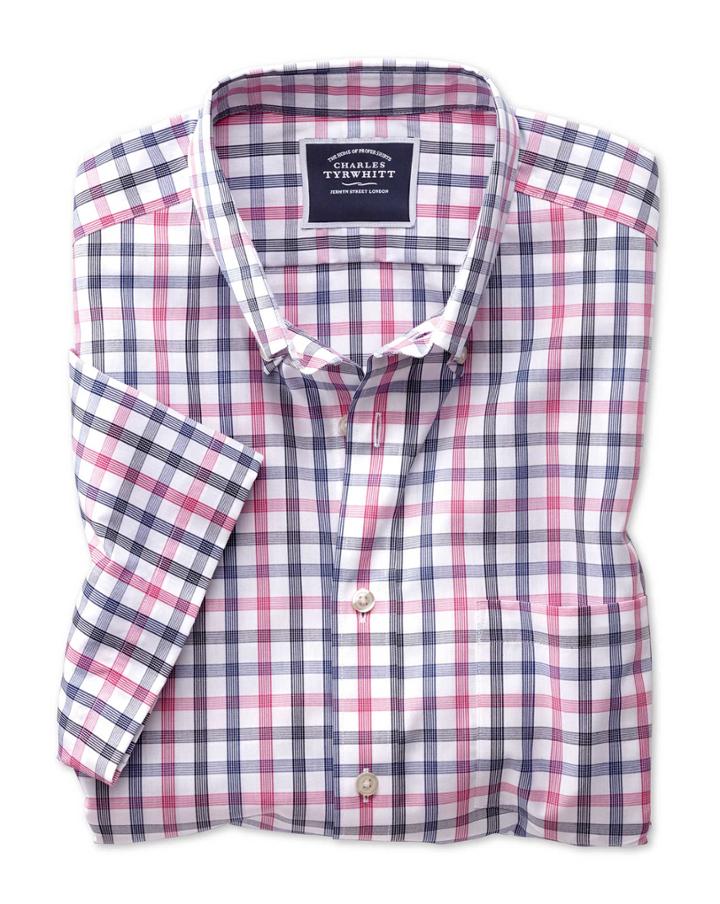  Classic Fit Non-iron Pink Large Check Short Sleeve Cotton Casual Shirt Single Cuff Size Small By Charles Tyrwhitt