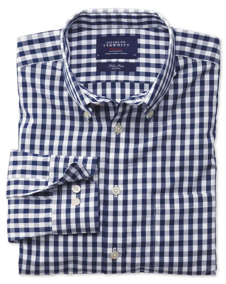 Charles Tyrwhitt Charles Tyrwhitt Classic Fit Non-iron Poplin Navy Check Cotton Dress Shirt Size Large