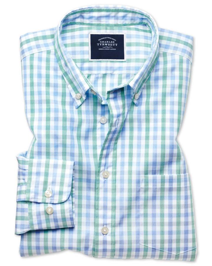  Classic Fit Green And Blue Gingham Soft Washed Non-iron Tyrwhitt Cool Cotton Casual Shirt Single Cuff Size Large By Charles Tyrwhitt