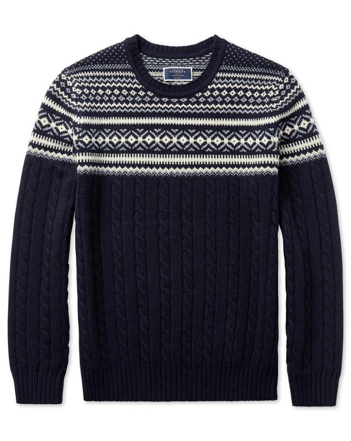  Navy Jacquard Fairisle With Cable Placement Crew Neck 100percent Merino Wool Jumper Size Large By Charles Tyrwhitt