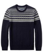  Navy Jacquard Fairisle With Cable Placement Crew Neck 100percent Merino Wool Jumper Size Large By Charles Tyrwhitt