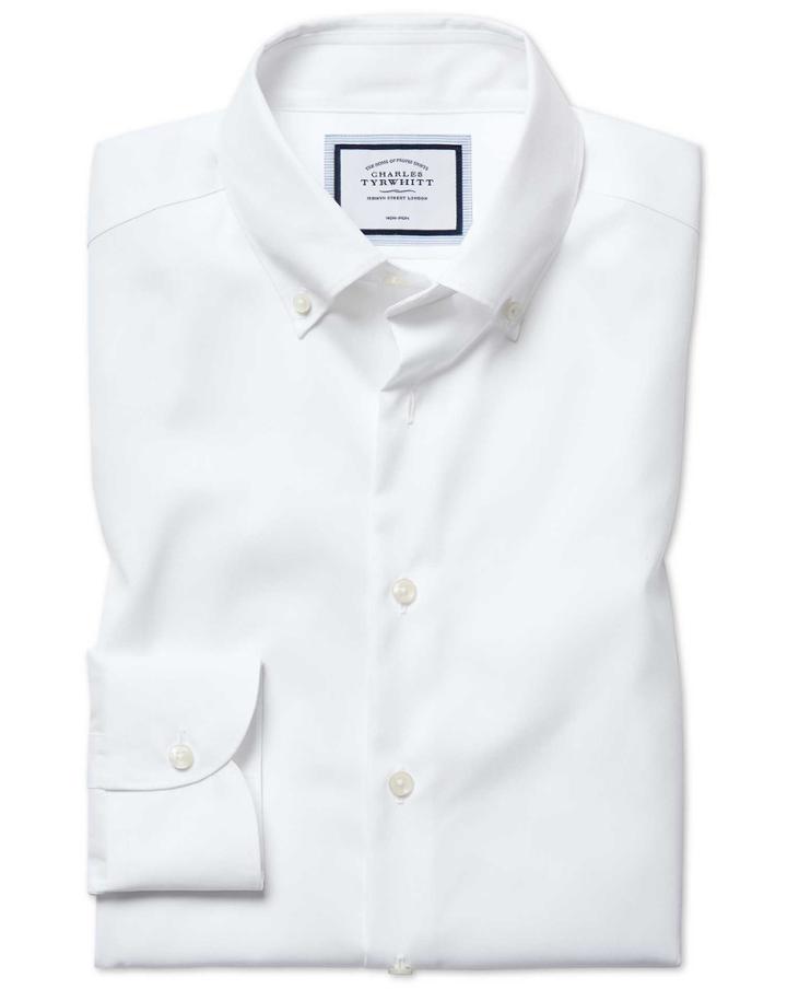  Extra Slim Fit Business Casual Non-iron White Cotton Dress Shirt Single Cuff Size 14.5/33 By Charles Tyrwhitt