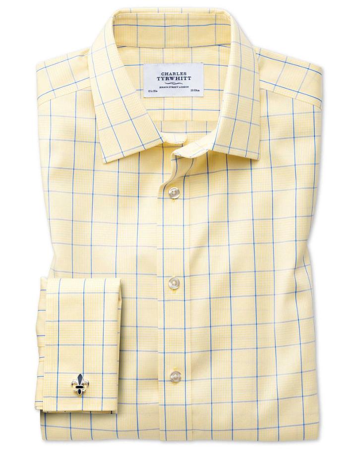 Charles Tyrwhitt Extra Slim Fit Non-iron Prince Of Wales Yellow And Royal Blue Cotton Dress Shirt French Cuff Size 14.5/32 By Charles Tyrwhitt