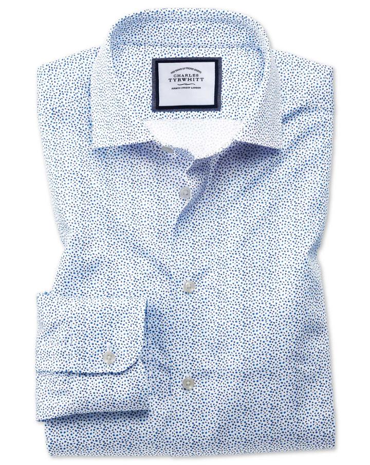 Charles Tyrwhitt Extra Slim Fit Semi-spread Collar Business Casual White And Blue Ditsy Print Cotton Dress Shirt Single Cuff Size 14.5/33 By Charles Tyrwhitt