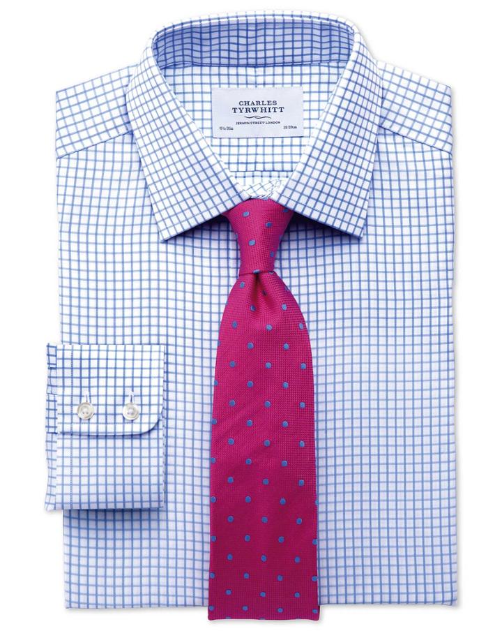  Extra Slim Fit Twill Grid Check Sky Blue Cotton Dress Shirt Single Cuff Size 16/33 By Charles Tyrwhitt