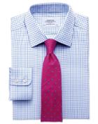  Extra Slim Fit Twill Grid Check Sky Blue Cotton Dress Shirt Single Cuff Size 16/33 By Charles Tyrwhitt