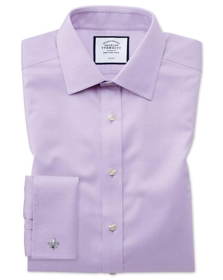  Slim Fit Non-iron Lilac Triangle Weave Cotton Dress Shirt Single Cuff Size 14.5/32 By Charles Tyrwhitt
