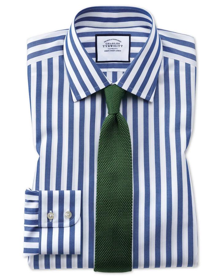  Slim Fit Non-iron Blue Wide Bengal Stripe Cotton Dress Shirt Single Cuff Size 15/34 By Charles Tyrwhitt