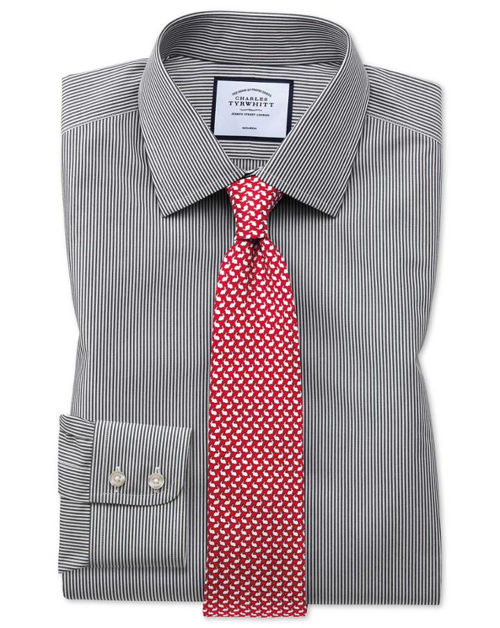  Slim Fit Non-iron Black Bengal Stripe Cotton Dress Shirt French Cuff Size 14.5/33 By Charles Tyrwhitt