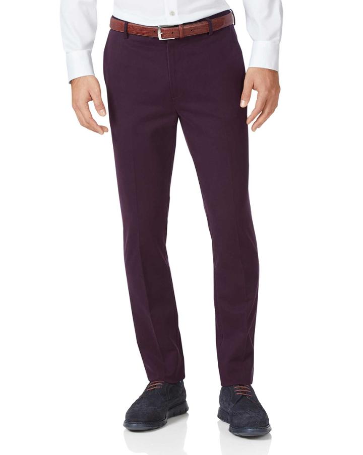  Aubergine Extra Slim Fit Flat Front Non-iron Cotton Chino Pants Size W30 L30 By Charles Tyrwhitt