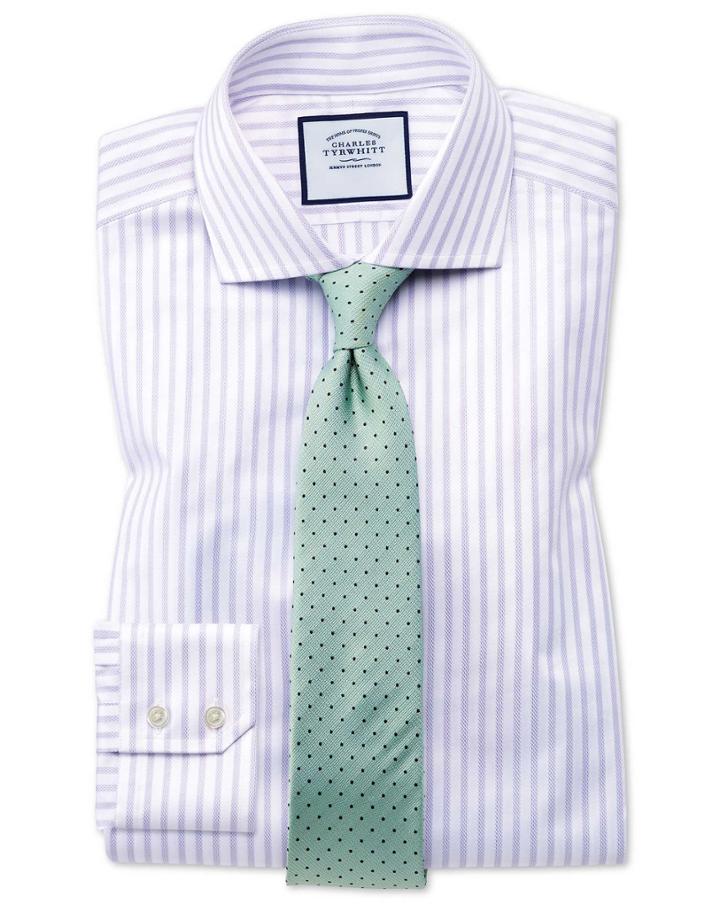Charles Tyrwhitt Extra Slim Fit Spread Collar Textured Stripe Lilac And White Cotton Dress Shirt Single Cuff Size 14.5/33 By Charles Tyrwhitt