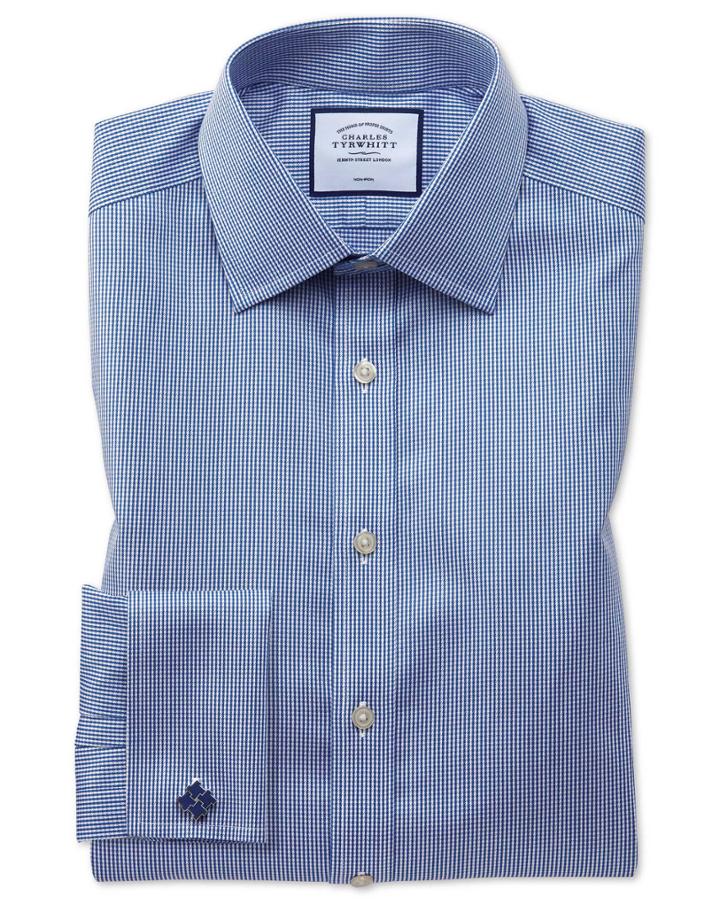  Slim Fit Non-iron Puppytooth Royal Blue Cotton Dress Shirt Single Cuff Size 14.5/32 By Charles Tyrwhitt