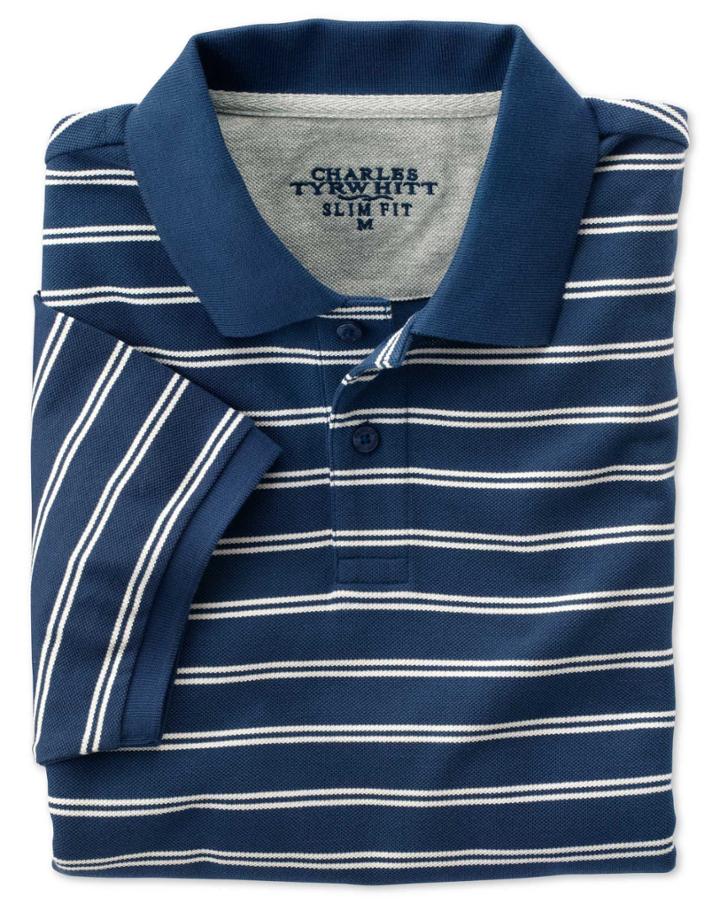 Charles Tyrwhitt Charles Tyrwhitt Slim Fit Blue And White Striped Pique Cotton Polo Size Xs