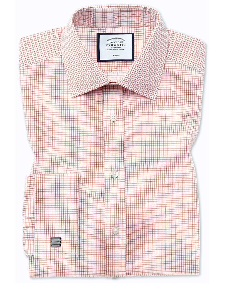  Classic Fit Non-iron Twill Mini Grid Check Orange Cotton Dress Shirt French Cuff Size 15.5/33 By Charles Tyrwhitt