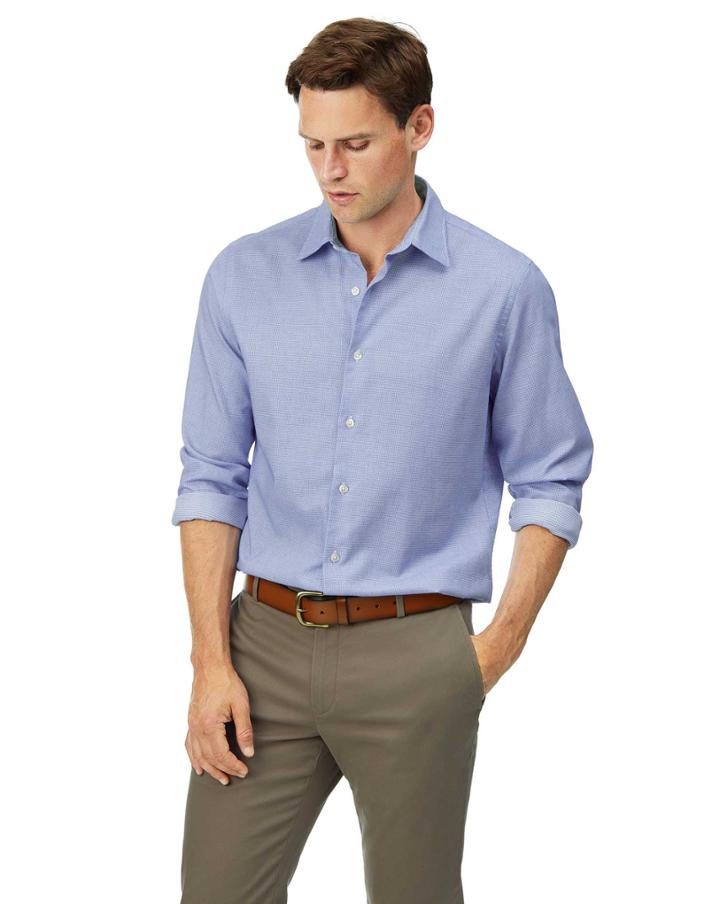  Slim Fit Sky Blue Grid Texture Soft Wash Textured Cotton Casual Shirt Single Cuff Size Small By Charles Tyrwhitt