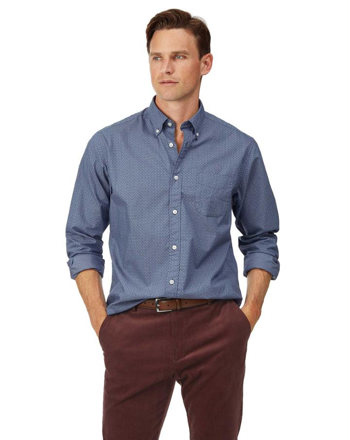  Classic Fit Navy Print Soft Washed Stretch Poplin Cotton Casual Shirt Single Cuff Size Small By Charles Tyrwhitt