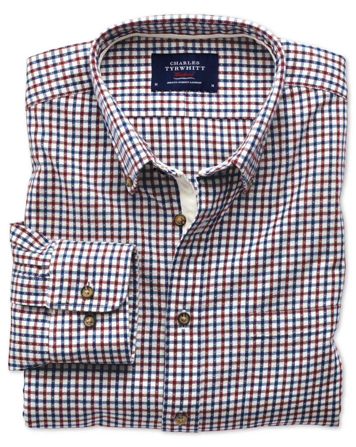 Charles Tyrwhitt Charles Tyrwhitt Slim Fit Burgundy And Blue Check Brushed Dobby Cotton Dress Shirt Size Large