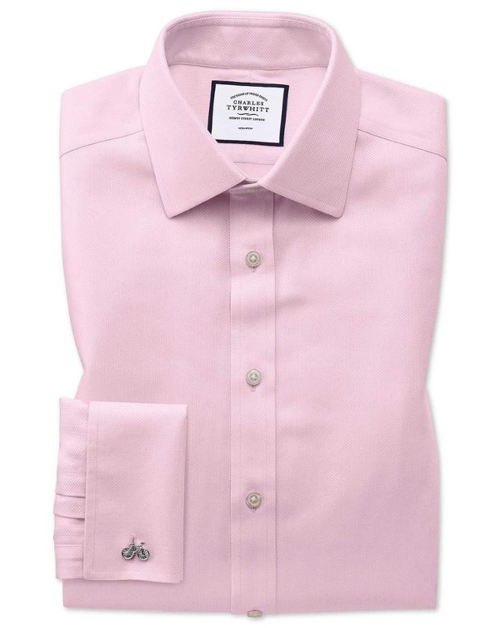  Slim Fit Non-iron Pink Arrow Weave Cotton Dress Shirt Single Cuff Size 14.5/32 By Charles Tyrwhitt