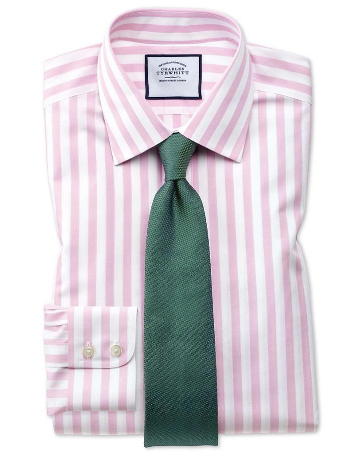  Extra Slim Fit Non-iron Pink Wide Bengal Stripe Cotton Dress Shirt Single Cuff Size 14.5/33 By Charles Tyrwhitt