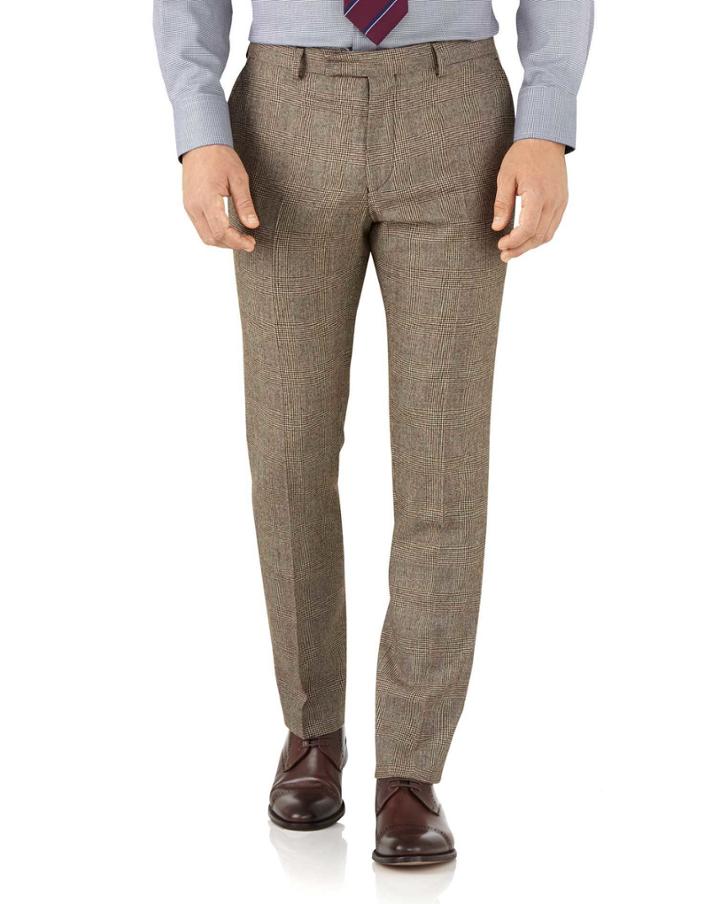 Charles Tyrwhitt Tan Check Slim Fit British Serge Luxury Suit Wool Pants Size W30 L38 By Charles Tyrwhitt